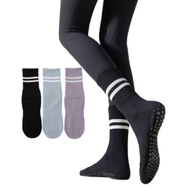 Irisbear Womens Pilates Socks Non Slip Yoga Socks Barre Hospital Athletic Socks for Women 3 PACK BLACK BLUE PURPLE