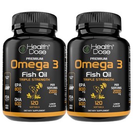 Health Dose Omega 3 Fish Oil – Lemon-Flavored Softgels with EPA & DHA for Brain, Heart, and Wellness Support – Easy-to-Digest, No Fish Burps – 120 Softgels, Pack of 2