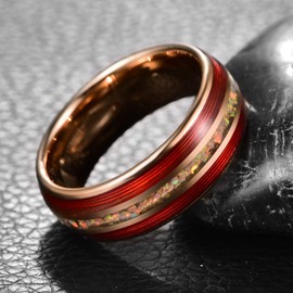 CHALAIR 8mm Ring Rosegold Tungsten Rings with Created-Opal Mens/Womens Wedding Bands with Red Guitar String Size V1/2