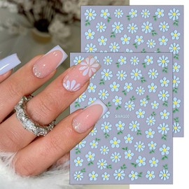 6 Sheets Daisy Nail Stickers for Nail Art Pink Blue White Flower Nail Art Stickers 3D Self-Adhesive Green Leaf Nail Decoration Spring Summer Floral Nail Decals for Women Girls DIY Nail Designs