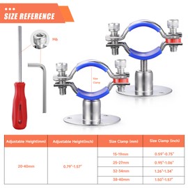 WYSIWYKA 6PCS 304 Stainless Steel Wall Mount Ceiling Mount Pipe Supports,Suitable for OD Pipe 38-40mm,Adjustable Height 20-40mm,Adjustable Pipe Strap Clamp with Screws