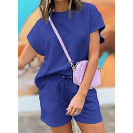 Dokotoo Two Piece Sets For Women Cozy Casual Yoga Womens Clothes Resort Wear Crew Neck Collar Short Sweatsuit Gym Jogger Matching Pajamas Tracksuit Matching Sets Blue Large