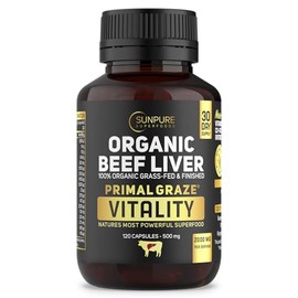 Organic Grass-Fed Beef Liver Capsules 2000mg | MTHFR-Friendly, Bovaer-Free – Natural Source of Bioavailable B12, Folate & Heme Iron | 120 PIlls | Primal Graze® by Sunpure Superfoods
