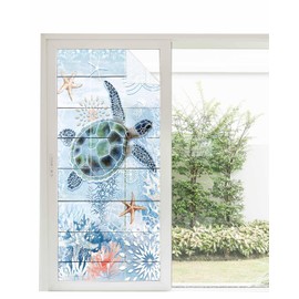Sea Turtle Blue Window Privacy Film Summer Ocean Decorative Stained Glass Window Film Coral Starfish Plank Textured Static Windows Clings Sticker for Door, 35.4"x78.7" Blackout Shades Windows Cover