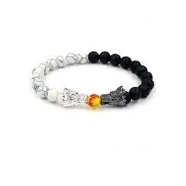 nobrand COLORFULBLING Bead Bracelets for Men and Women Natural Black Lava & White Howlite Buddha Dragon Beaded Stone Bracelet Good Luck Charm Jewelry Gift Adjustable