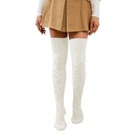 Leoparts Cable Knitted Thigh High Socks for Women Winter Extra Long Over Knee High Leg Warmer Stockings, 911 White, One Size