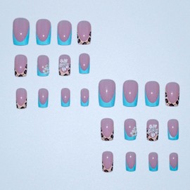 MERVF Square Press ons Nails Medium Fake Nail Blue French Tip Glue on Leopard Summer Acrylic Nail 3D Flower Squoval Handmade Manicure Supplies Art 24pcs Glossy