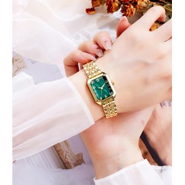 BESTKANG Vintage Gold Roman Numeral Watch for Women, Rectangular Alloy Bracelet, 3ATM Waterproof Quartz Movement with Tools (Gold Green2)
