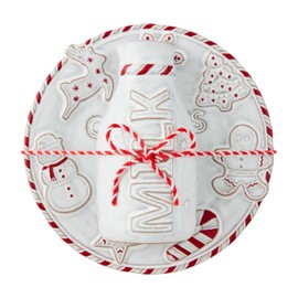 Mud Pie Gingerbread Milk Santa Set PLATTERS & Trays, plate 6 1/2" dia | bottle 5" x 2 1/2" dia, WHITE