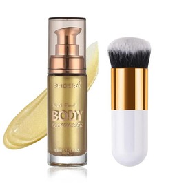 Body Shimmer Oil, Waterproof Long Lasting Moisturizing Bronze Body Luminizer Glow For Face & Body, Liquid Illuminator Body Highlighter 1oz/Jars, Makeup Brush Include (Rose Gold #01) Tan Glitter - Colour: Metallic Gold #02, Size: 1 Fl Oz (Pack of 1)