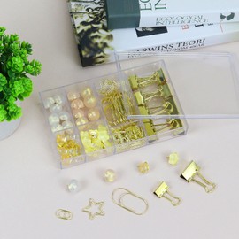 Koqye 118 PCS Paper Binder Clips Set - Large, Small Paper Clips, Binder Clamps & Push Pins for Office, School Supplies Desk Organizer Essentials (Gold)