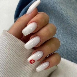 ANDGING Milky White Press on Nails Square Short Medium Glue on Nails for Women Coffin Fake Nails with Fantasy Red Designs Artificial Stick on Nails Gel Manicure Acrylic False Nails for Wedding