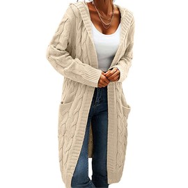 Women Hooded Open Front Cardigan Cable Knit Sweaters Solid Color Chunky Long Sweater Coats
