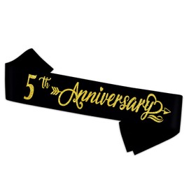 5th Anniversary Sash - Happy 5th Wedding Anniversary Soft Black Sash with Gold Foil - Celebration 5th Wedding Anniversary Party Supplies Gift Decors Favors for Husband Wife