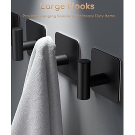 Aikzik 4 Pack Large Heavy Duty Wall Hooks - 26lb Max, Stainless Steel Adhesive Towel Hook, Shower Hooks for Hanging Towel, Coat, Robe, Wall Hook for Use in Bathroom, Kitchen and Door, Matte Black