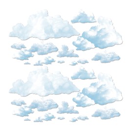 Beistle Realistic Fluffy Wall Props 24 Images-Thin Plastic Clouds for Photo Backdrop Scenes, Sky Decorations, Airplane Flying Birthday Cut-Out Décor, 3’ 3.75”, No Size, White/Blue