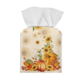 Psesaysky Pumpkin Sunflower Tissue Box Cover PU Leather Thanksgiving Decor Square Tissue Box Covers Paper Tissue Case Organizer for Car/Living Room