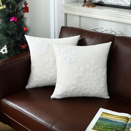 mixeoo Ivory White Winter Decorative Throw Pillow Covers Snowflake Embroidered Soft Thick Durable Square Solid Cushion Cases for Sofa, Pack of 2, 18 x 18 Inch