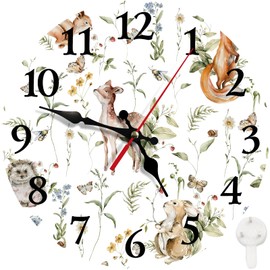 Britimes Round Wall Clock Silent Non-Ticking Battery Operated Clock 12 Inch, Cute Woodland Nursery Bunny Fox Home Decor for Living Room, Bathroom, Bedroom, Kitchen, Office and School