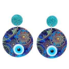 Bohemian Hamsa Hand of Fatima Dangle Earrings for Women Acrylic Blue Big Evil Eye Statement Drop Dangling Stud Lightweight Boho Round Shaped Colorful Printing Earring Lucky Protection Jewelry Gifts for Holiday (Eye)