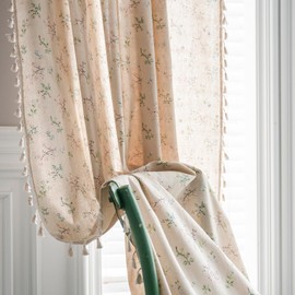 JOOJA Floral Boho Curtains, 2 Panels Semi-Blackout Vintage Window Drapes for Living Room, 63 Inches Long Floral Patterned Farmhouse Curtains, Rod Pocket Beige Curtains with Tassels for Bedroom 59x63