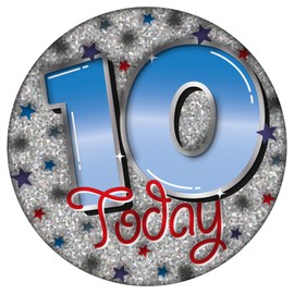 Age 10 Birthday Badge Blue, Red And Silver Holographic Recyclable 10th Birthday Party Badge