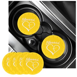 KVAEY 4 PCS Car Cup Holder Coaster, 2.76 Inch Anti Slip Vehicle Drink Mat with Cute Blessed Cross and Heart, Shockproof Cup Holder Coaster for Most Cars, Universal Car Accessories (Yellow)