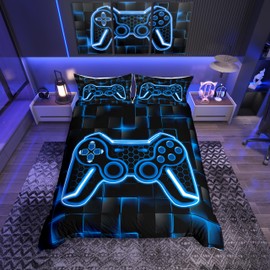 Kids Gamer Duvet Cover Single Size Blue and Black Bedding Set for Boys Teens Decor Honeycomb Gaming Ombre Comforter Cover Set Geometric Square Bedspread Cover 2Pcs