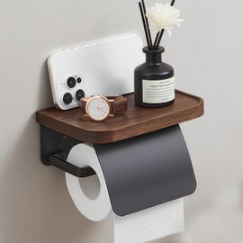 SANRETAHO Toilet Paper Holder with Shelf, Walnut Wood Wall Mount Toilet Tissue Roll Holder, Black Stainless Steel Bathroom Storage Accessories Decor