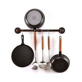 LINKPIPES Pipe Pot Pan Rack Wall Mounted Industrial Utensil Lid Holder Cookware Hanger Kitchen Organizer Hanging Bar Rail with S Hooks(24 inch,Red Bronze)