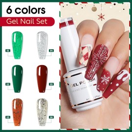 Nicedeco Hema Free Cruelty Free Vegan Christmas Gel Nail Polish 6 Colors, Sparkle Green Glitter Red Silver Gel Polish Kits for Nail Art Design