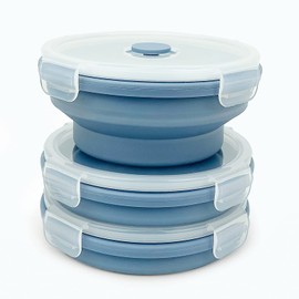 Lunbengo 3piece Collapsible Bowl with Lids, Microwave Silicone Meal Prep Lunch Containers, Ideal Food Bowls for Snacks, Fruits, Oatmeal, Camping Travel, Round, Blue