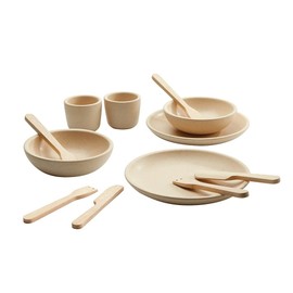PlanToys Play Dishes Wooden Tableware Set - Sustainably Made from Rubberwood Featuring 2 Plates, 2 Spoons, 2 Forks, 2 Knives, 2 Drinking Cups, and 2 Bowls
