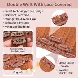 Silk-co Clip in Hair Extensions Real Human Hair Extension Double Weft With Lace Coverd Clip in Silky Straight 100% Natural Very Thin Highlight efffect for Women 6PCS 6Clip 14Inch #33 Dark Auburn 36g