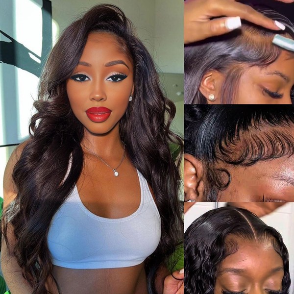 Body Wave Lace Front Wig Glueless Human Hair Wigs for Black Women Pre Plucked with Baby Hair 13x4 HD Transparent Lace Frontal Wig 10A 180 Density Natural Color 24 Inch