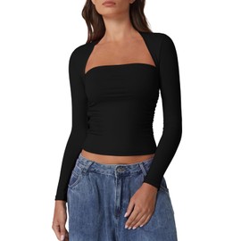QINSEN Woman's Square Neck Long Sleeve Basic Tops Double Lined Going Out Crop Top T Shirts Black L