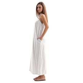 Amazhiyu Women's Linen Striped Halter Sleeveless Maxi Dresses Summer with Pockets Beige, Medium