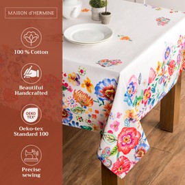 Maison d' Hermine 100% Cotton 60"x60" Easter Tablecloth Square Table Cloths Table Cover for Dining Tabletop Parties Indoor Use & Picnic Party - Spring/Summer - Happy Florals - High Summer