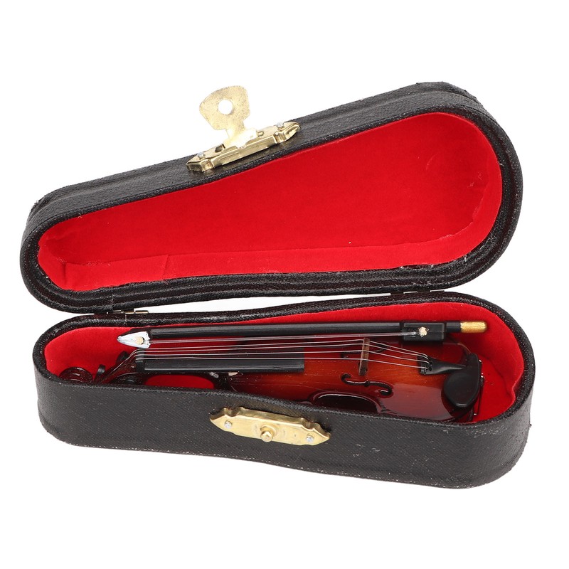 Wooden Miniature Violin with Stand Bow and Case Mini Musical
