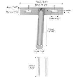 QWORK Pack of 8 75mm Invisible Shelf Brackets, T Shape Floating Shelf Brackets Made of Iron, Diameter 10mm Pins with Screws & Anchors, for Wooden Boards and Solid Walls, Check Fit