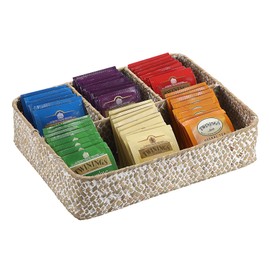 ELLDOO Tea Bag Organizer Tray, Sugar Packet Holder Coffee Pod Storage Coffee Station Condiment Organizer Seagrass Divided Basket for Pantry Coffee Bar Drawer Shelf Countertop, Whitewash