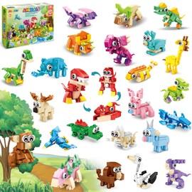 MOONTOY Pack of 24 Party Bags Children's Birthday Party Favours, 3-in-1 740 Pieces Mini Building Blocks Animals Construction Toy, Dinosaur Building Block Toy Birthday Party Gifts 3-12 Boys and Girls