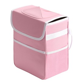 Simple Deluxe Car Trash Can with Lid and Storage Pockets, Multipurpose Garbage Bin with Adjustable Straps, Collapsible and Portable Organizer, 2 Gallon, Pink