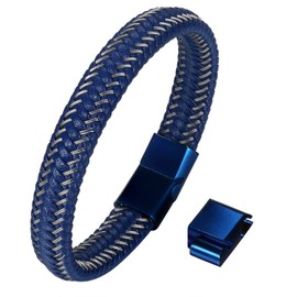 Cupimatch Men's Braided Leather Magnetic Clasp Bracelets Charm Bracelet Bangle Wristband 8.5" (Blue)