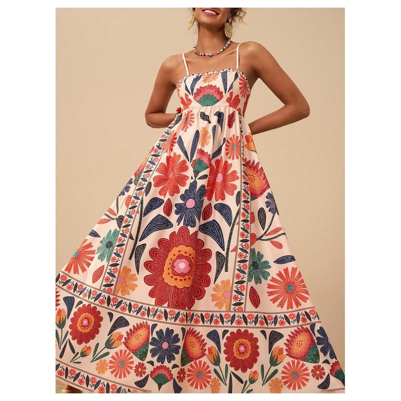 Floerns Women's Spaghetti Strap Tropical Dress Shirred Vacation Cami Maxi