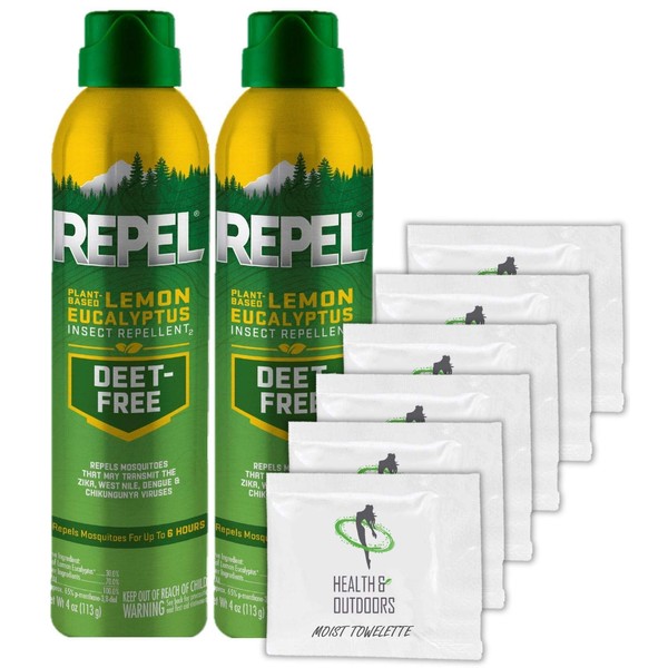 HAO Repel Lemon AEROSOL Eucalyptus Insect Repellent, 4 oz (2 Count) W/ 6 Bonus Wipes