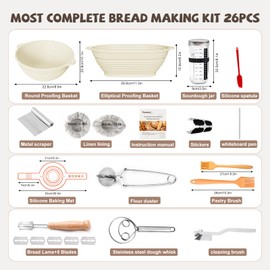 Sourdough Starter Kit, 10 inch Silicone Leavening Basket (round), 12 inch Silicone Leavening Basket (oval), 34oz Sourdough Starter Jar - Complete Set of Sourdough Bread Baking Supplies