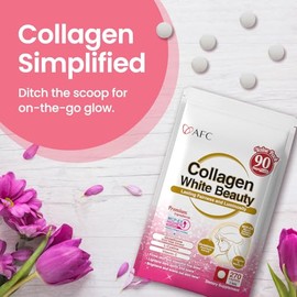 AFC Japan Collagen White Beauty con péptidos de colágeno marino, glutatión y L-cistina (absorción 1,5 veces mejor que otros colágenos) para reafirmar y blanquear la piel (suministro para 90 días)