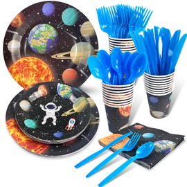 Outer Space Birthday Party Supplies, Space Party Disposable Tableware Set, Paper Plates Cups Napkins Knives Forks Spoons for Kids Solar System Planets Baby Shower, Astronaut Party Decoration Serves 20