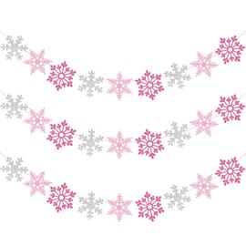 JarThenaAMCS 3Pcs Glitter Snowflake Paper Banner Pink White Snowflake Banner Winter String Garland for Christmas Winter Party Supplies Hanging Decoration